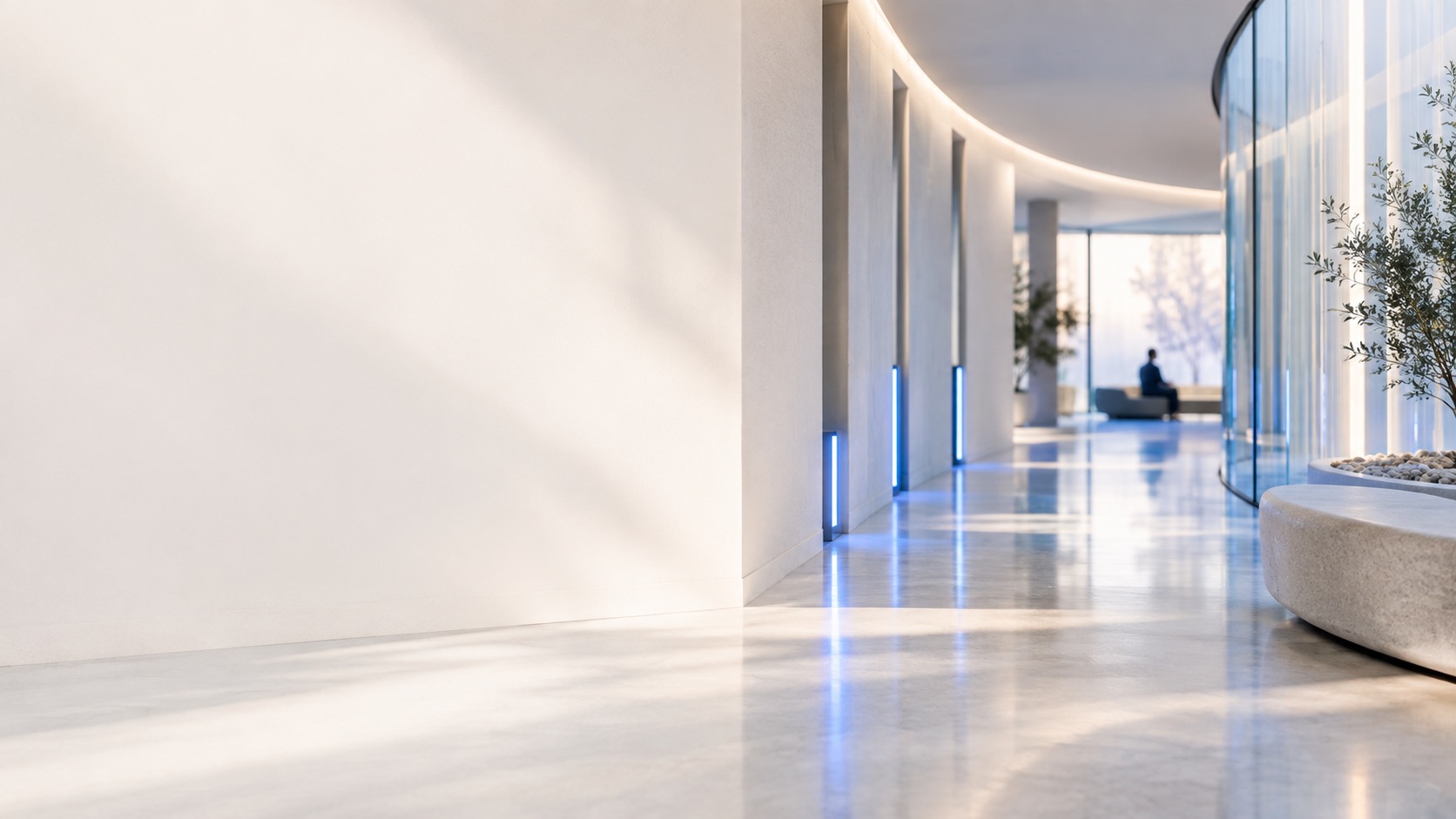 Calm bone-white care journey with blue wayfinding lights