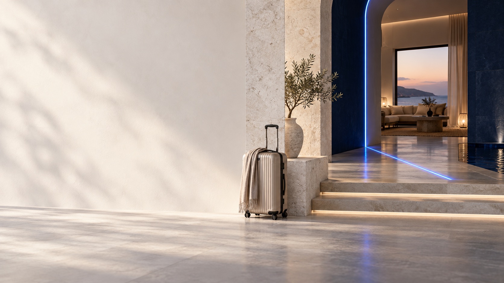 Boutique hospitality arrival space with a blue guidance line
