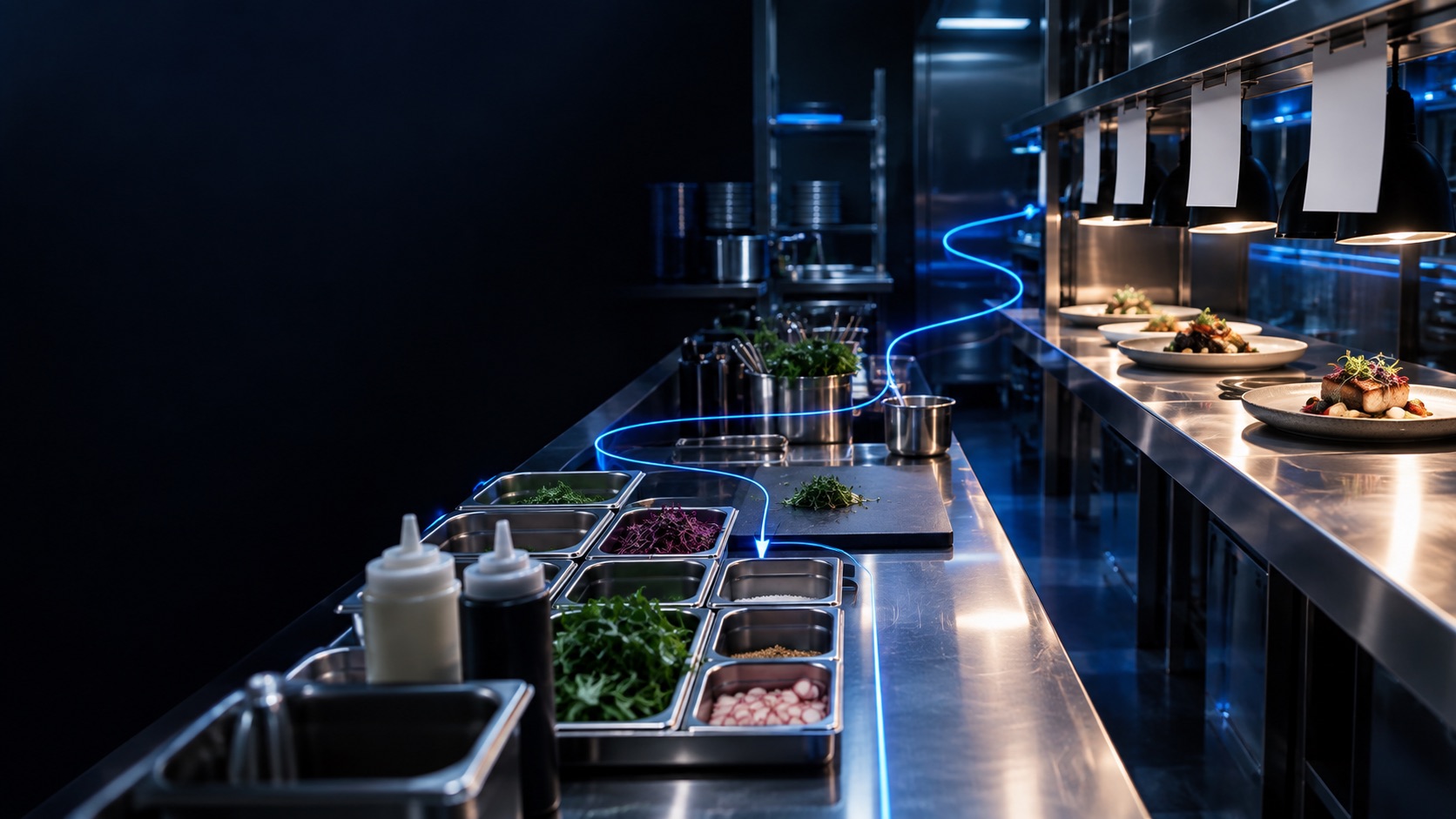 Restaurant kitchen flow with electric-blue operational signals
