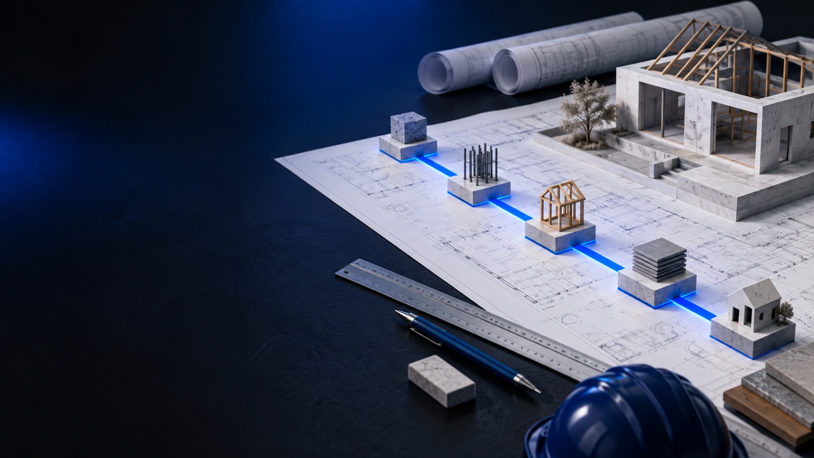 Architectural planning materials connected by an electric-blue milestone path