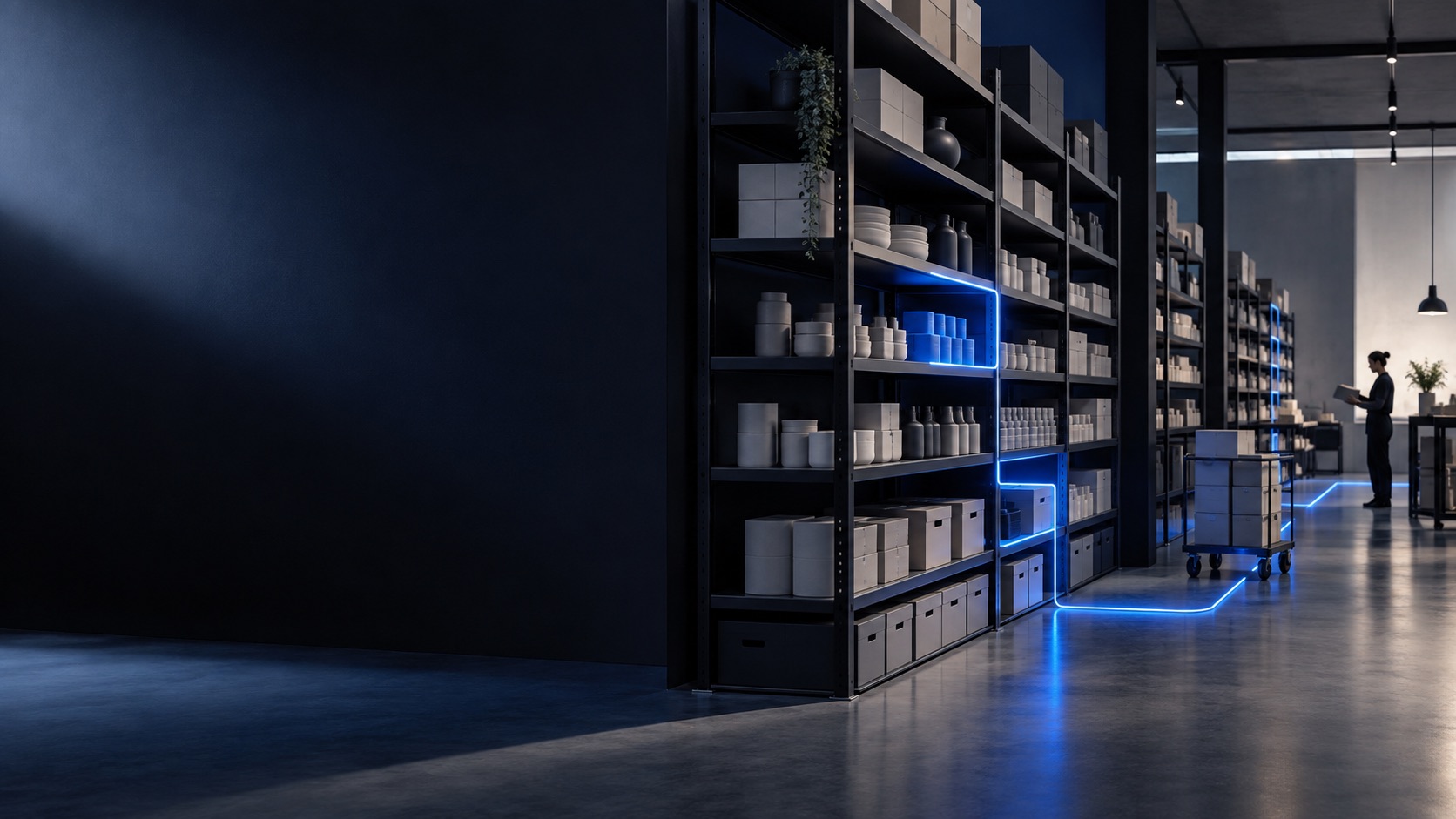 Abstract retail stockroom with electric-blue inventory signals