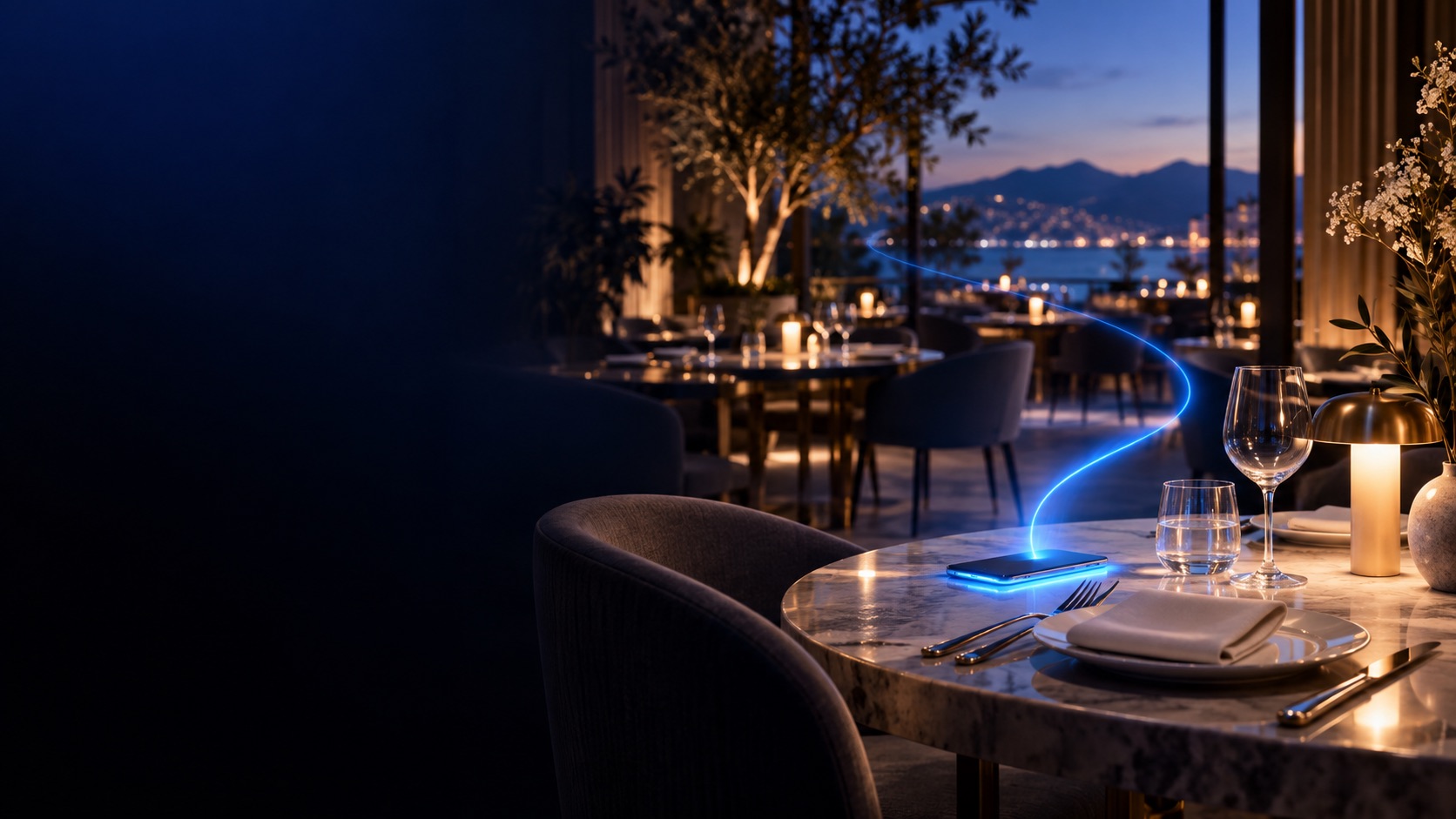 Contemporary restaurant table with a subtle blue conversation signal